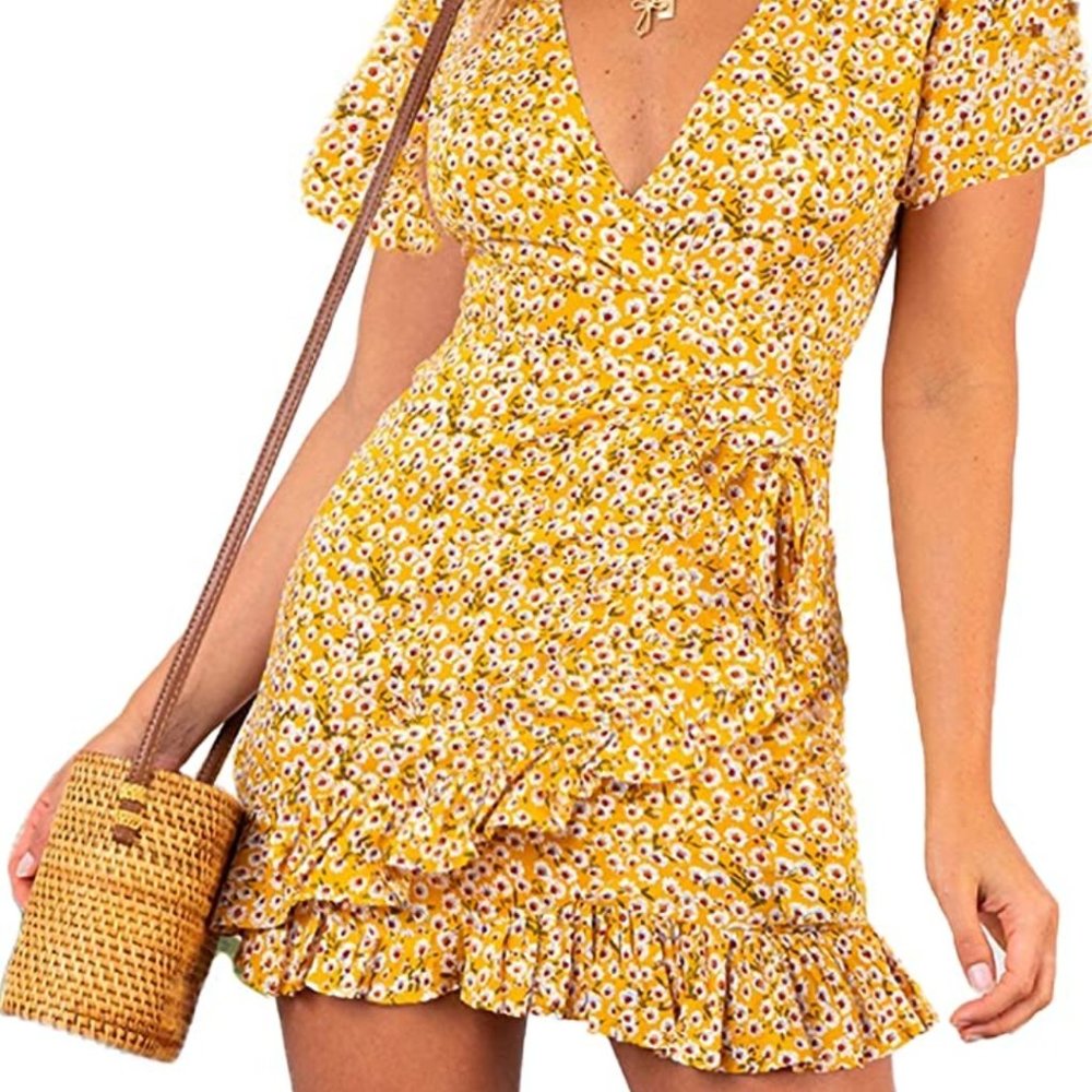 Yellow floral Summer tie up dress